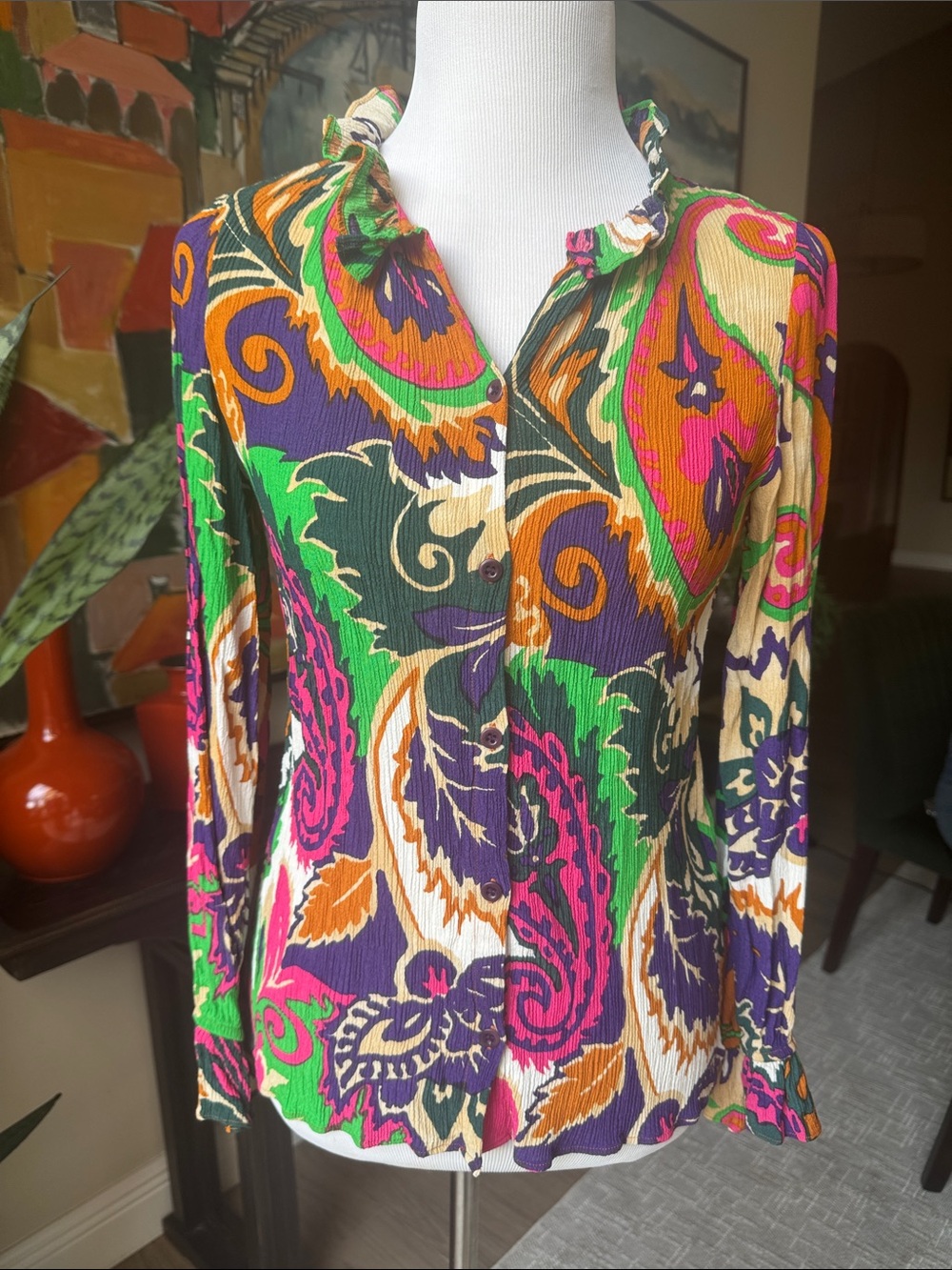 ba&sh Paisley Button-Front Long Sleeve Top in Green, Purple, Pink, Orange, Cream
